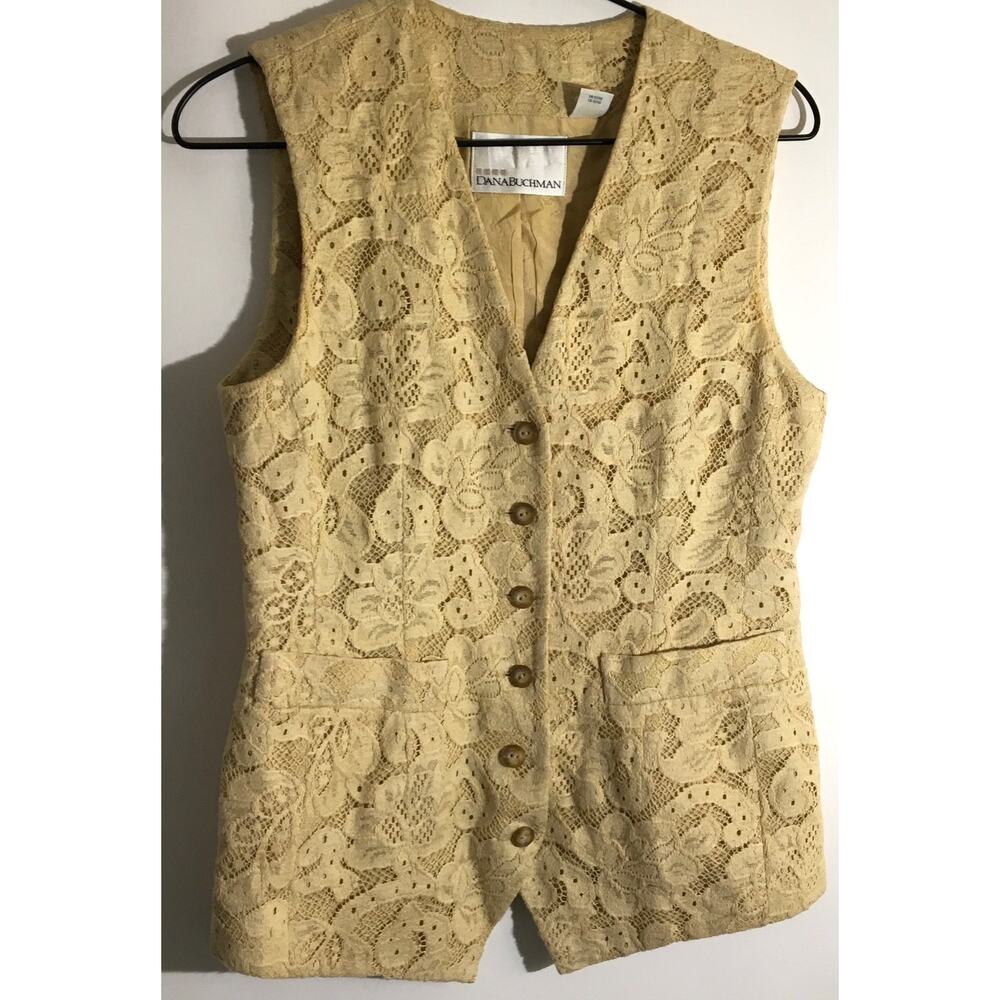 Dana Buchman Women's Size 4 Vintage Beige Lace Button Front Vest Festival Top